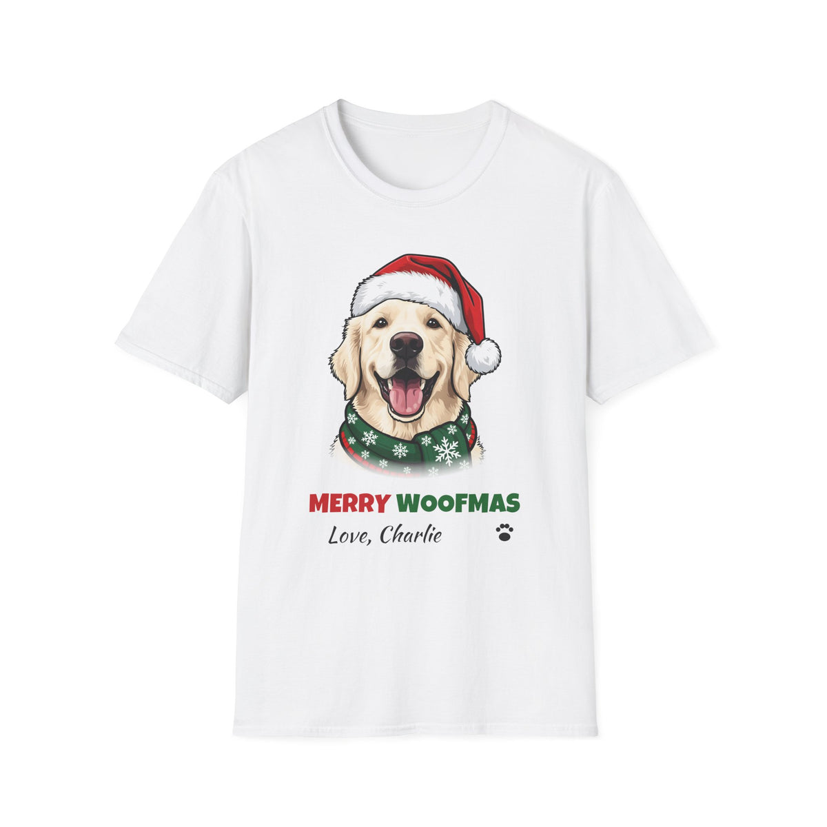 Merry Woofmas English Cream Golden Retriever Christmas t-shirt in White, front view