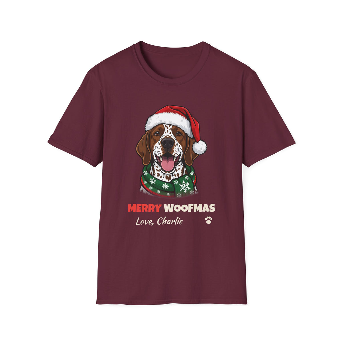 Merry Woofmas German Shorthaired Pointer Christmas t-shirt in Maroon, front view