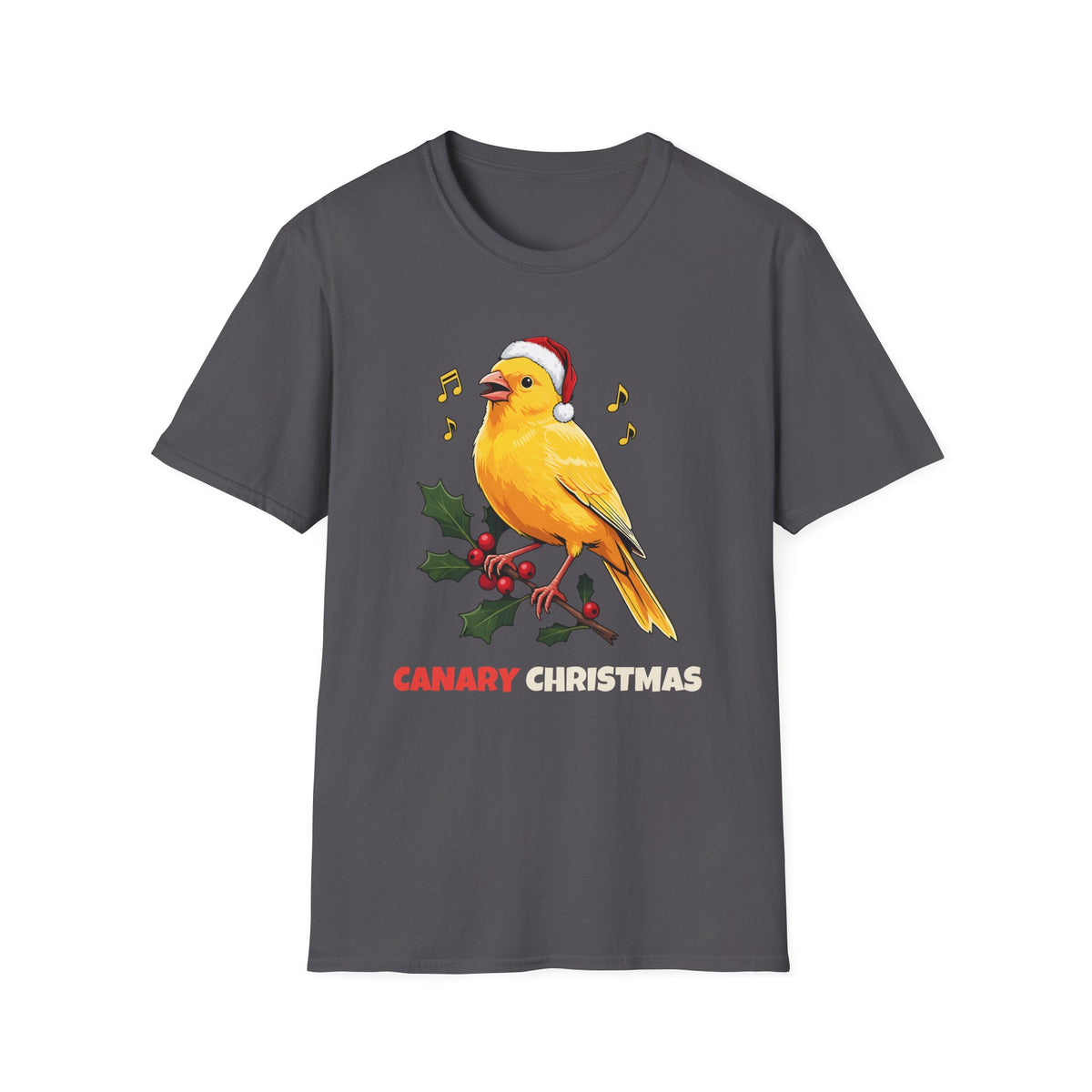 Canary Christmas t-shirt in Charcoal, front view