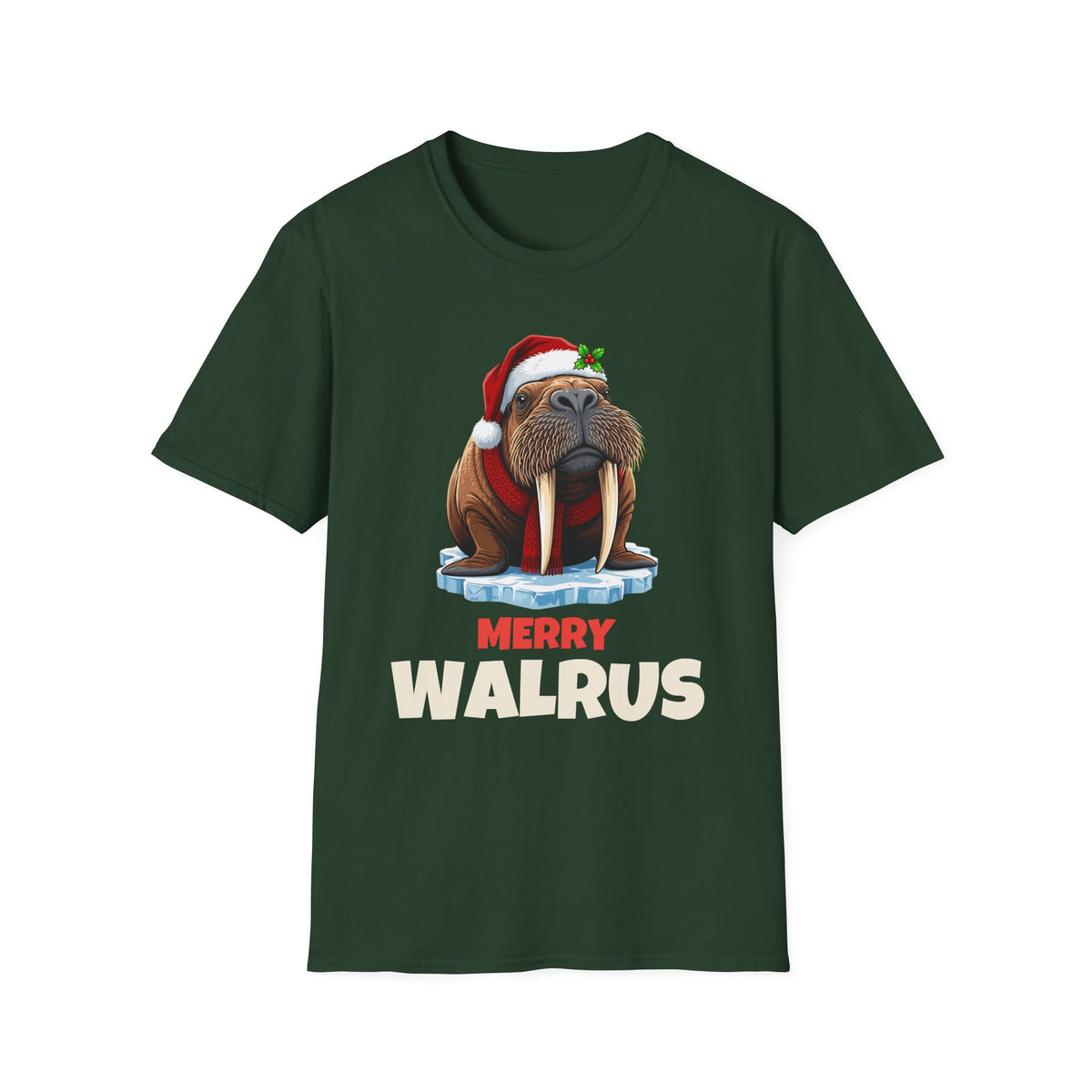 Merry Walrus Christmas t-shirt in Forest Green, front view
