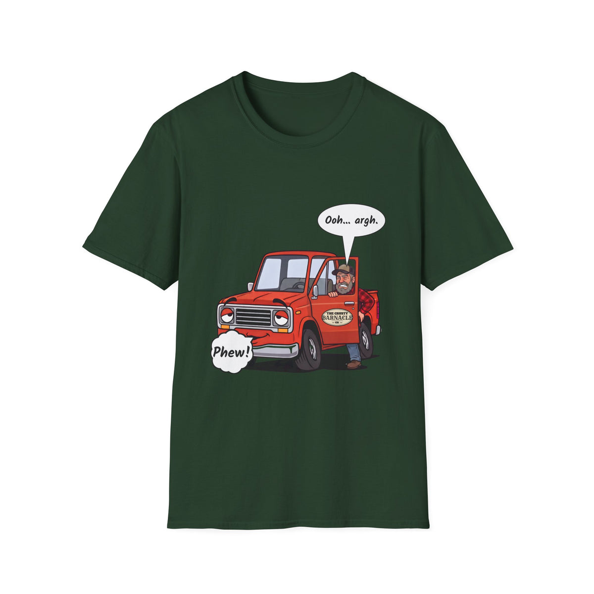 Tired Truck Phew t-shirt in Forest Green, front view