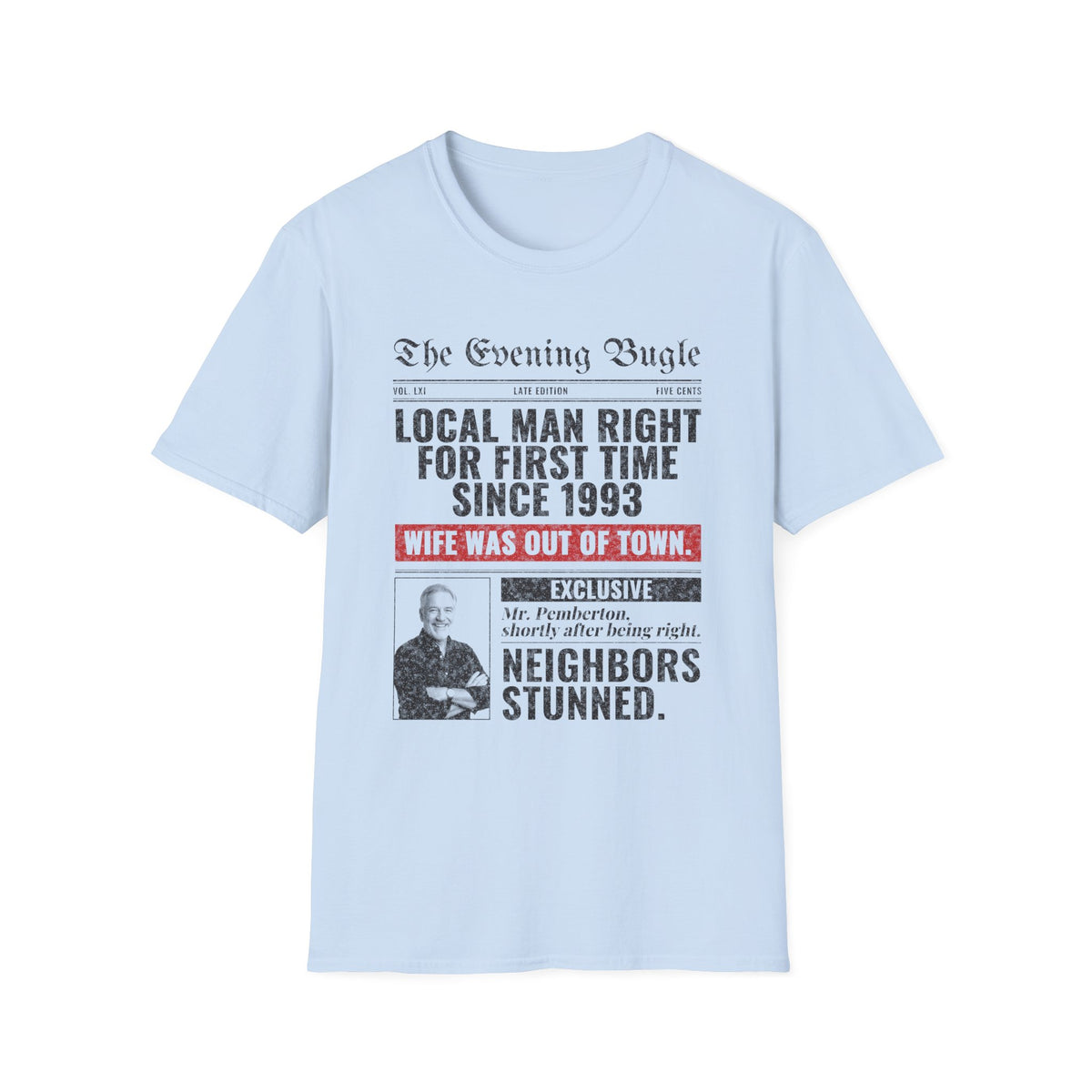 Evening Bugle Dad Joke t-shirt in Light Blue, front view