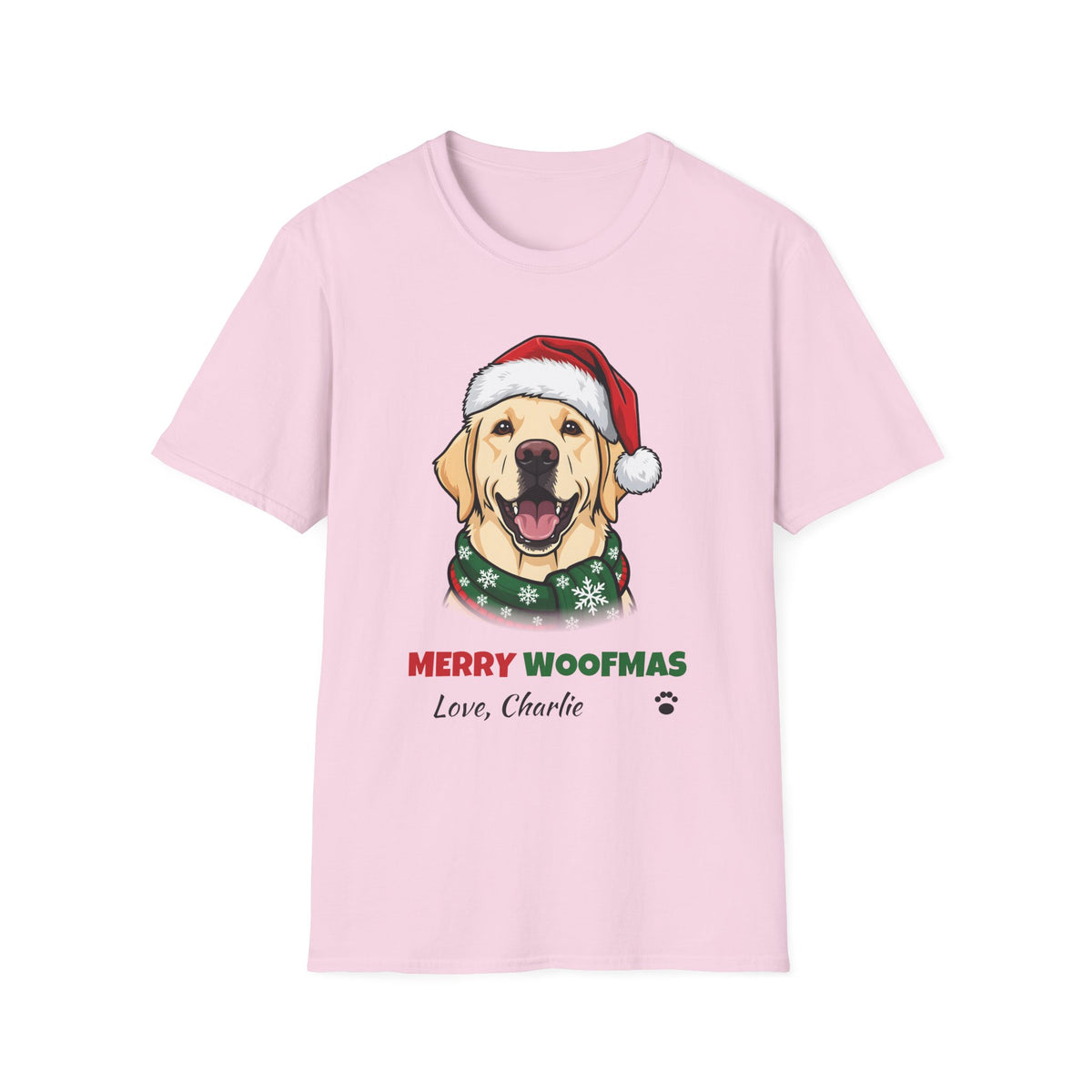 Merry Woofmas Yellow Labrador Christmas t-shirt in Light Pink, front view