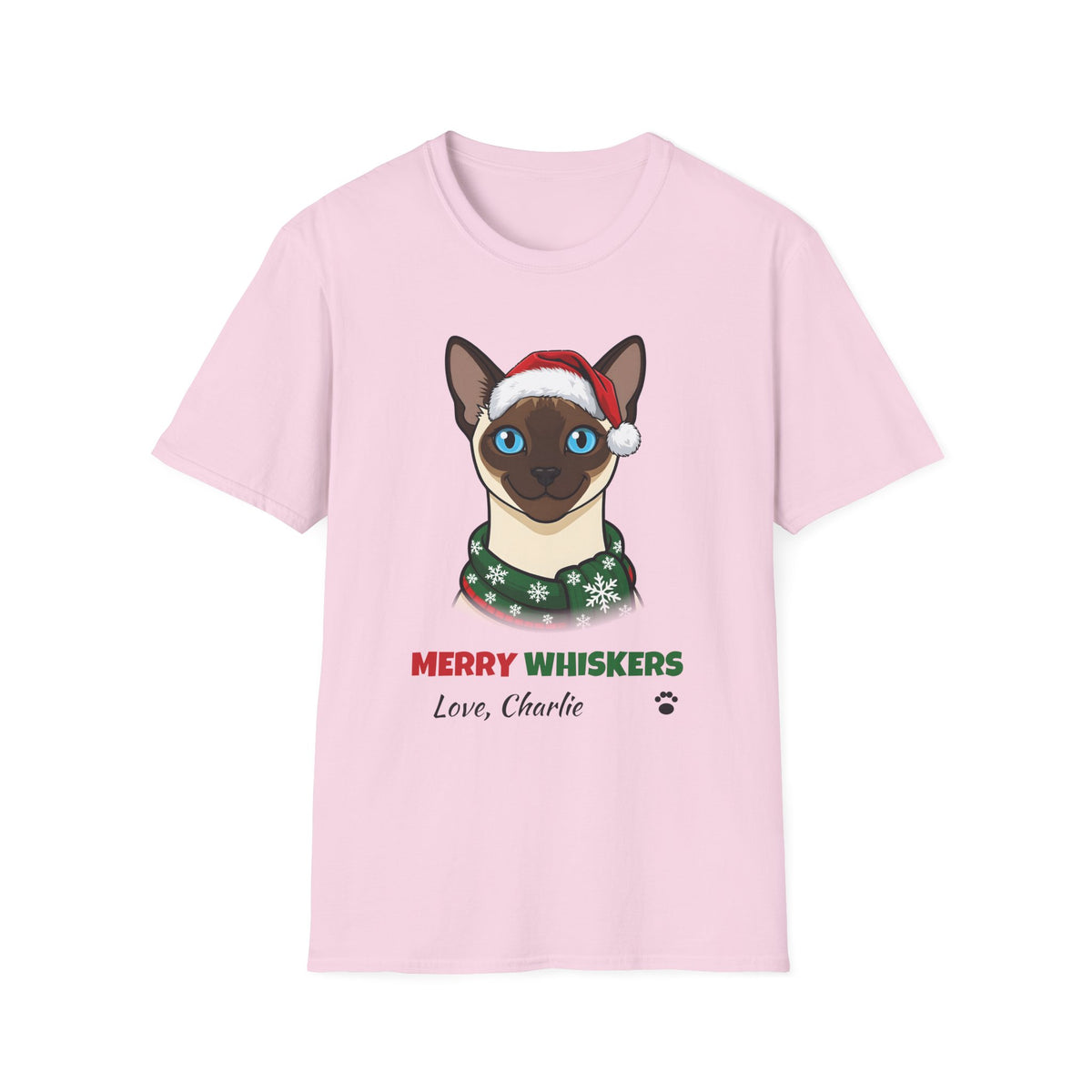 Merry Whiskers Siamese Cat Christmas t-shirt in Light Pink, front view