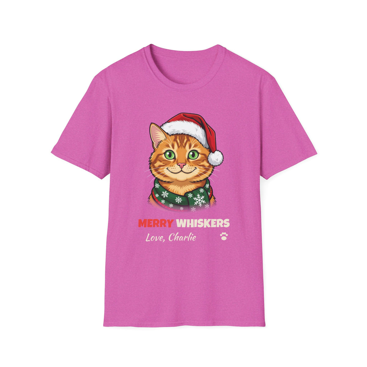 Merry Whiskers Ginger Tabby Cat Christmas t-shirt in Heather Berry, front view