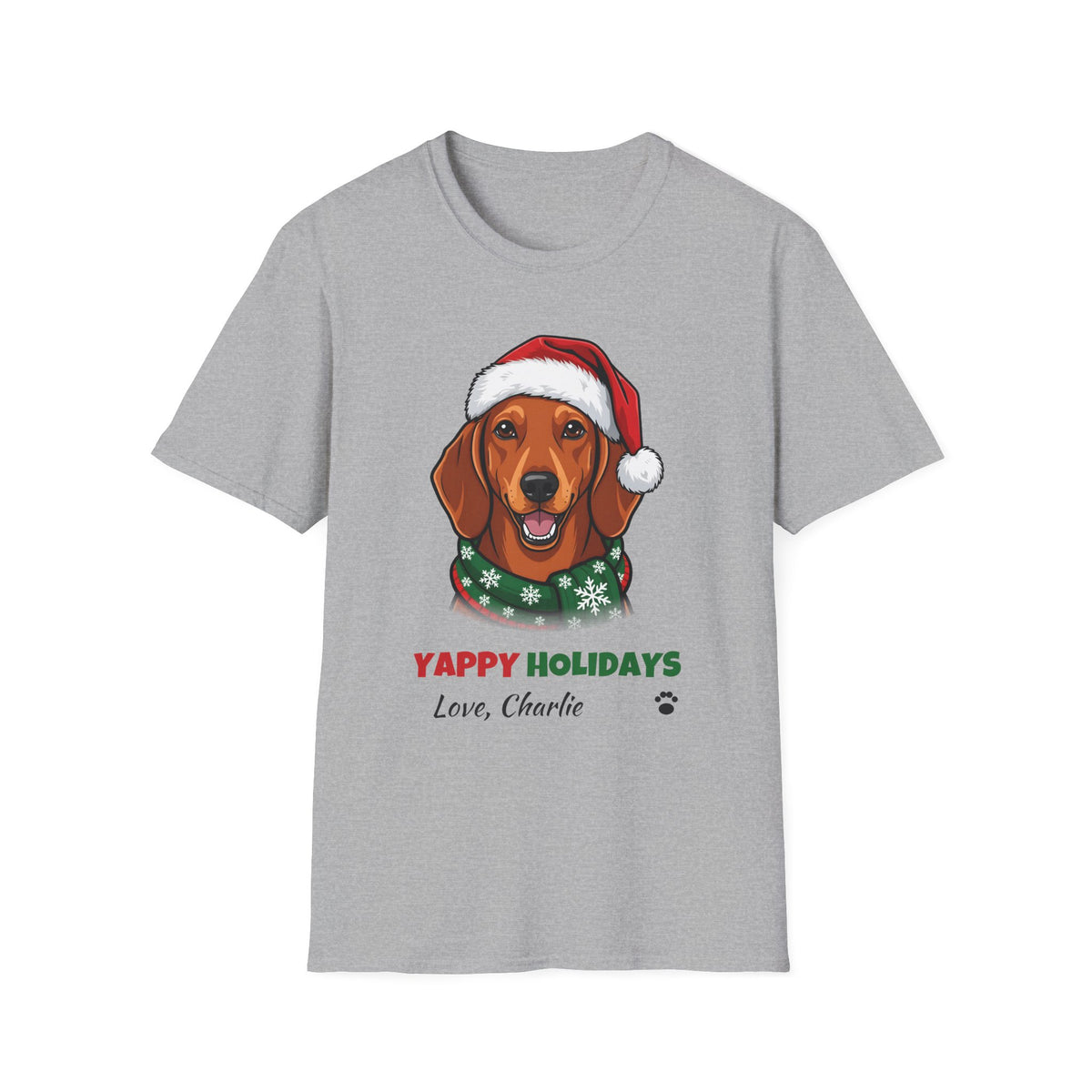 Yappy Holidays Dachshund Christmas t-shirt in Sport Gray, front view