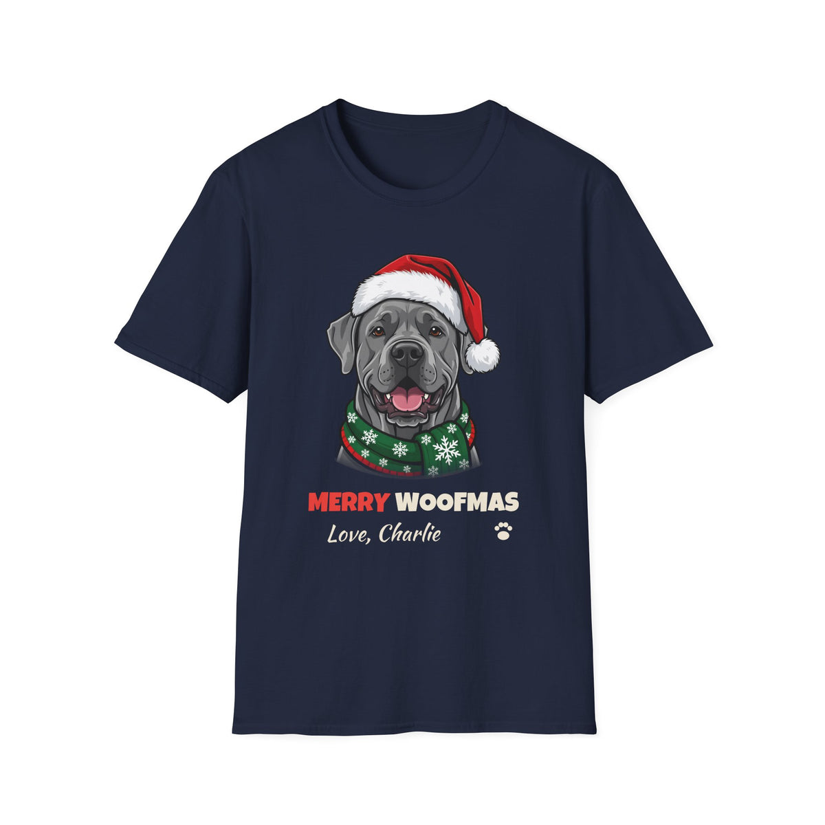 Merry Woofmas Cane Corso Christmas t-shirt in Navy, front view