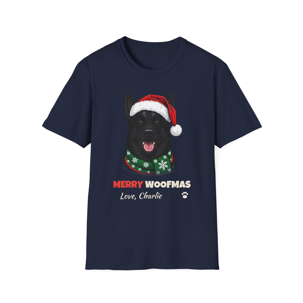 Merry Woofmas Black German Shepherd Christmas t-shirt in Navy, front view