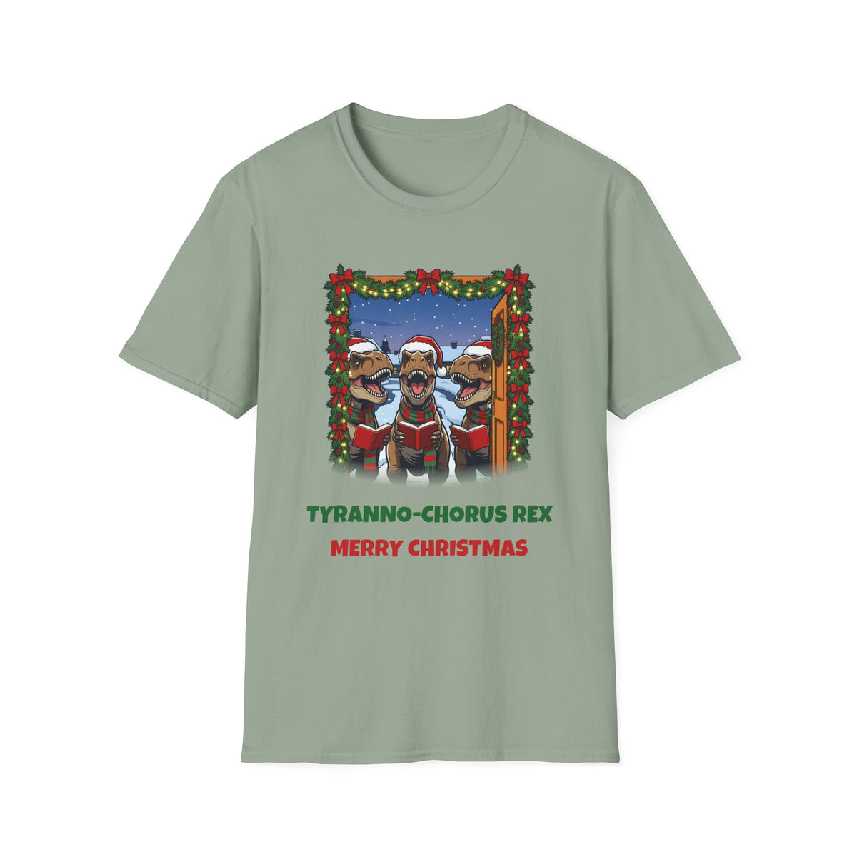 Tyranno-Chorus Rex Christmas t-shirt in Sage, front view