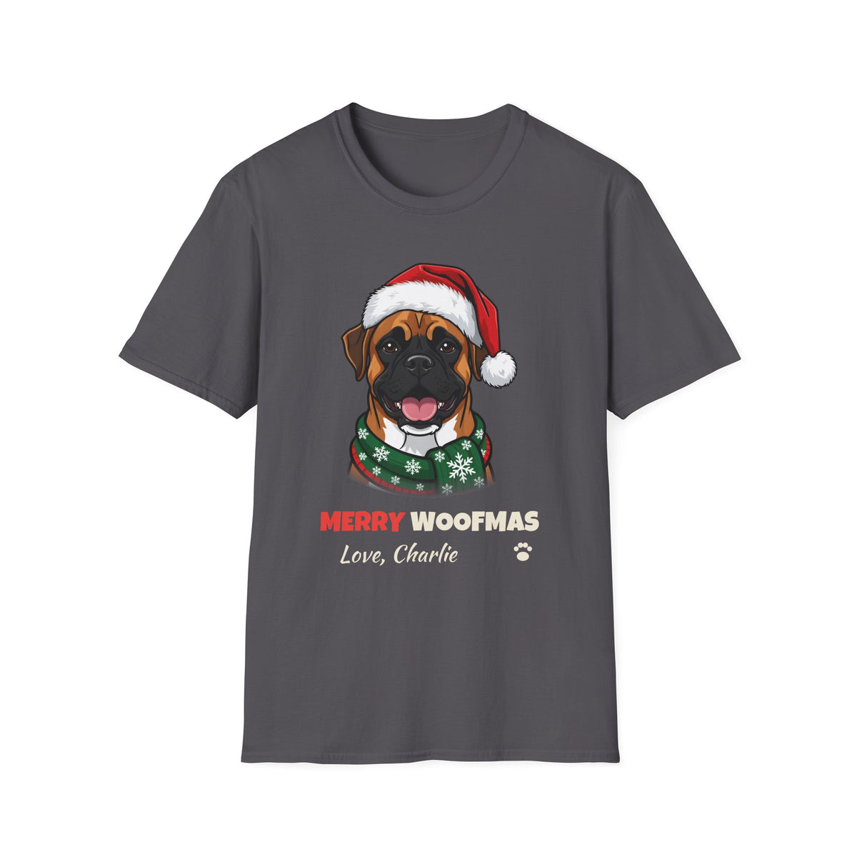 Merry Woofmas Boxer Christmas t-shirt in Charcoal, front view