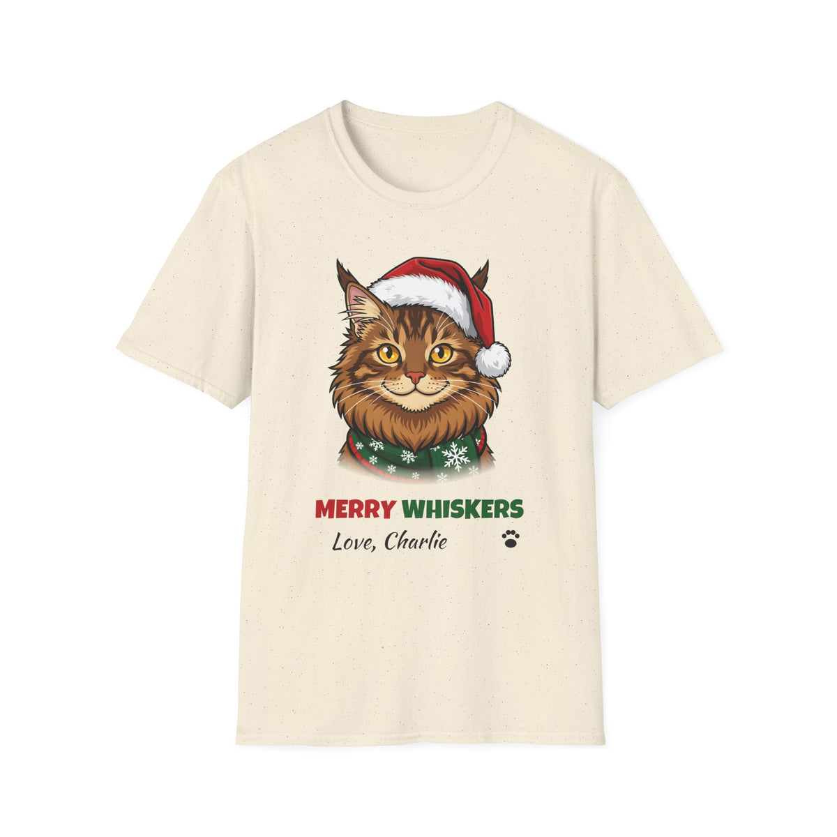 Merry Whiskers Maine Coon Cat Christmas t-shirt in Natural, front view