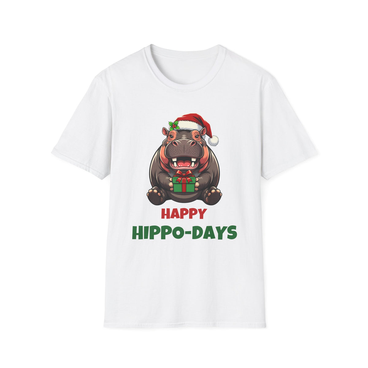 Happy Hippo-Days Christmas t-shirt in White, front view