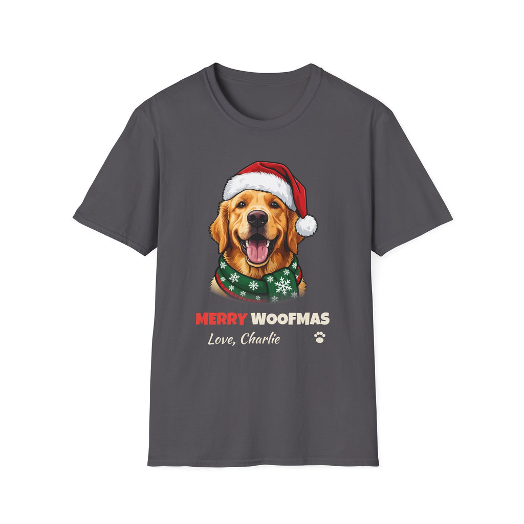 Merry Woofmas Golden Retriever Christmas t-shirt in Charcoal, front view