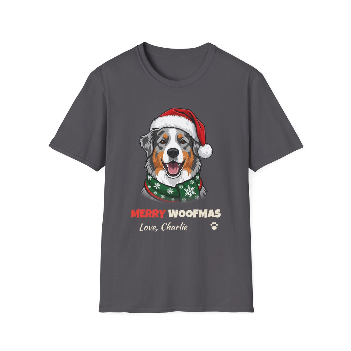 Merry Woofmas Blue Merle Australian Shepherd Christmas t-shirt in Charcoal, front view