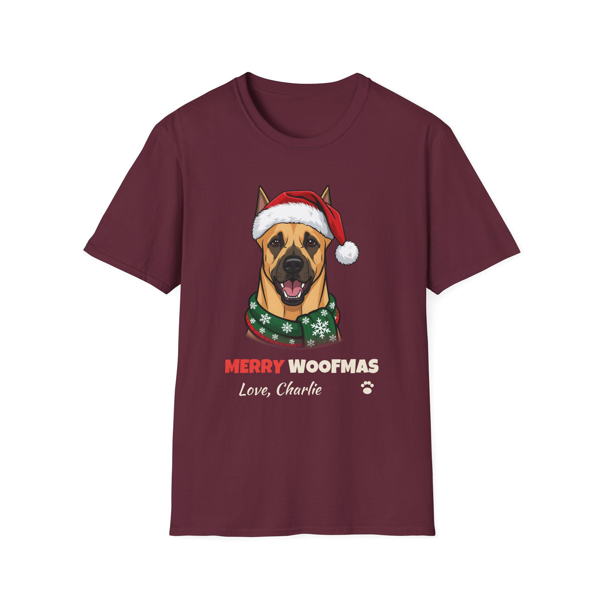 Merry Woofmas Great Dane Christmas t-shirt in Maroon, front view