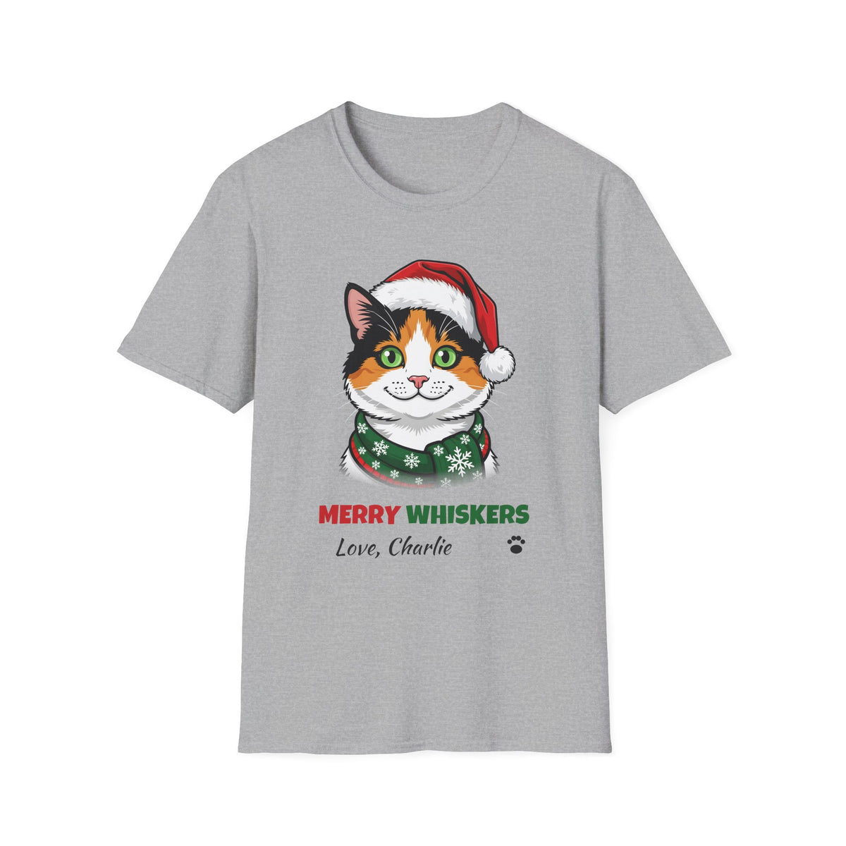 Merry Whiskers Calico Cat Christmas t-shirt in Sport Gray, front view
