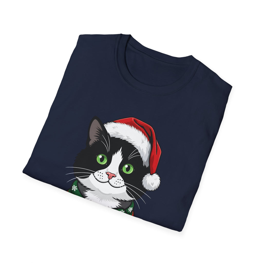 Merry Whiskers Tuxedo Cat Christmas t-shirt, product photo 3