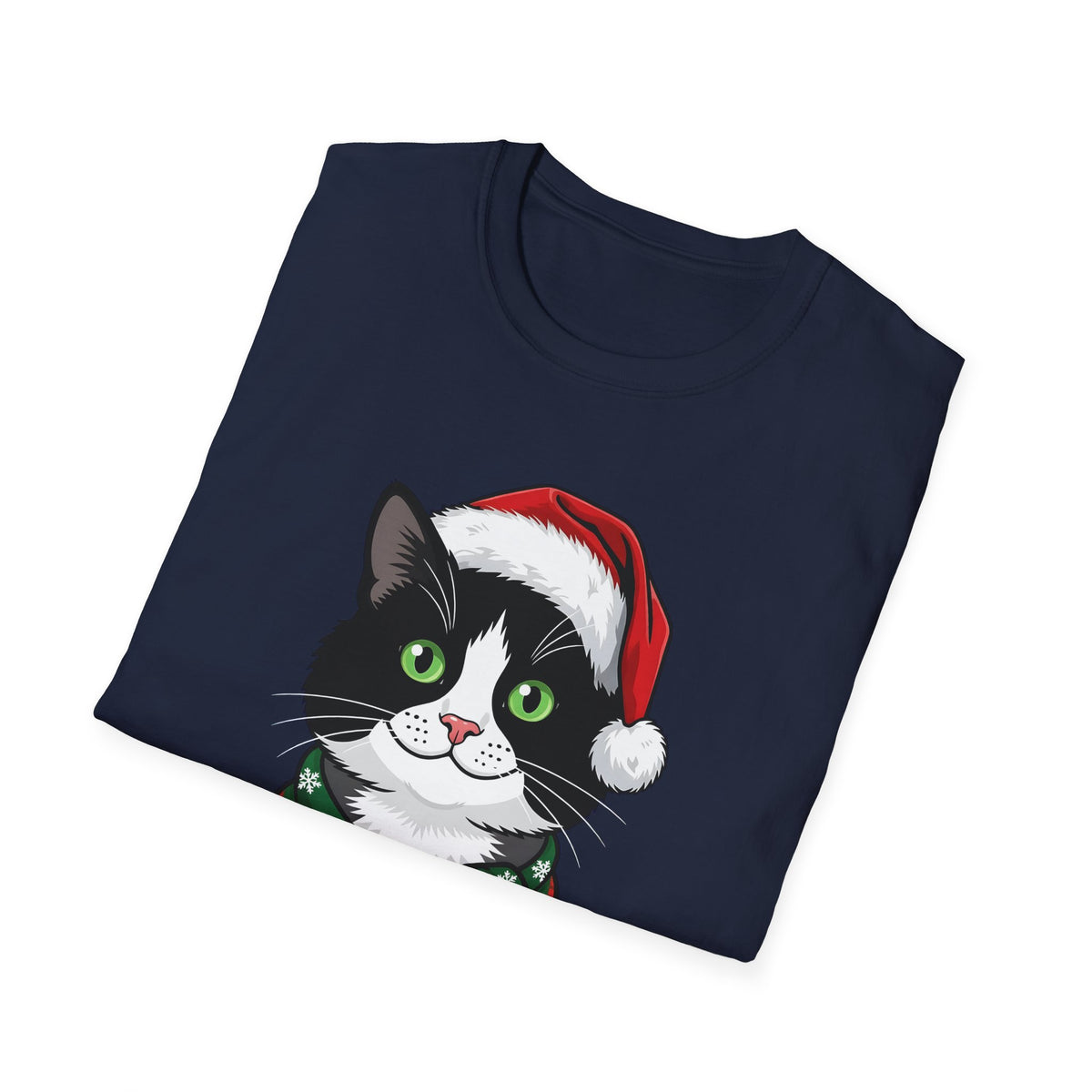 Merry Whiskers Tuxedo Cat Christmas t-shirt, product photo 3