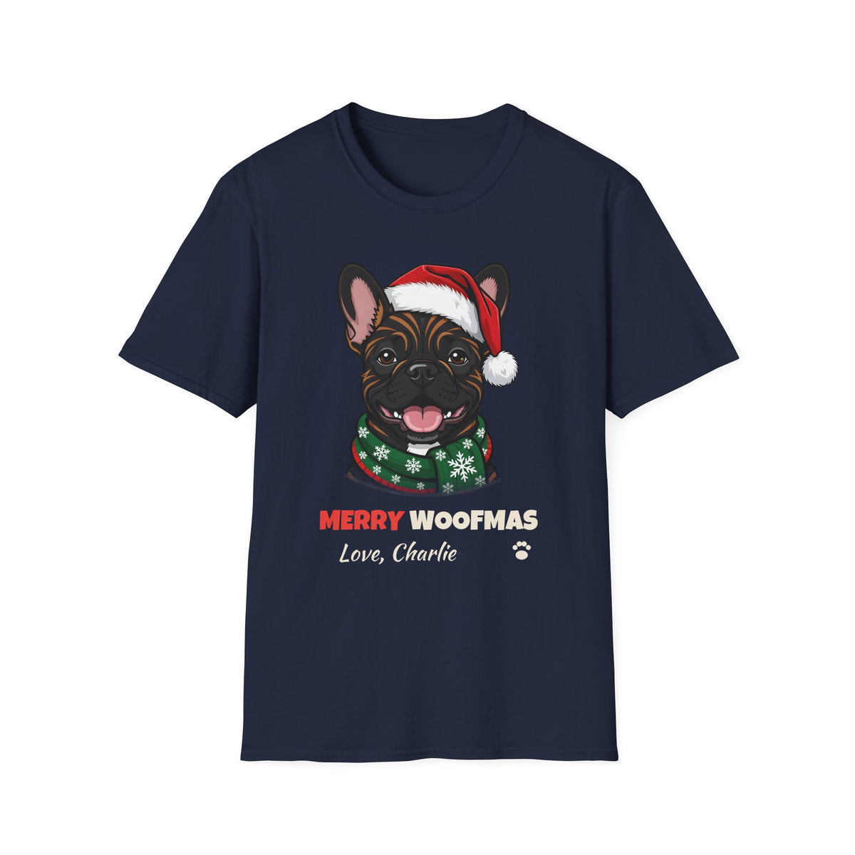 Merry Woofmas Brindle French Bulldog Christmas t-shirt in Navy, front view