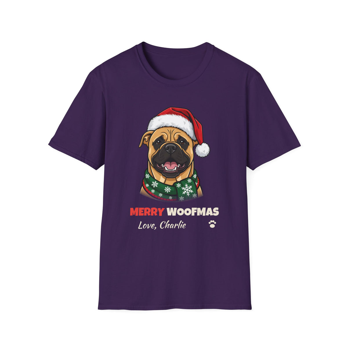 Merry Woofmas Bullmastiff Christmas t-shirt in Purple, front view