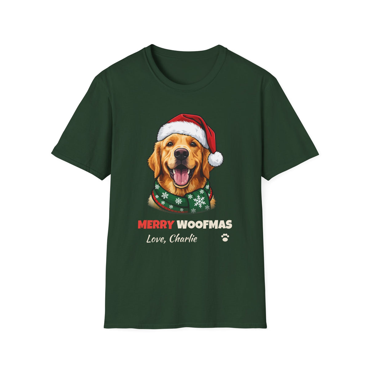 Merry Woofmas Golden Retriever Christmas t-shirt in Forest Green, front view