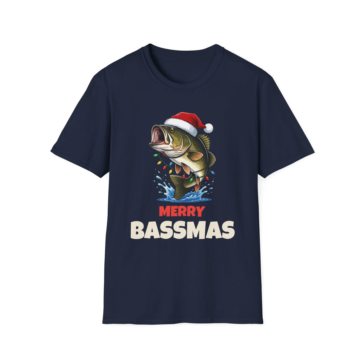 Merry Bassmas Christmas t-shirt in Navy, front view