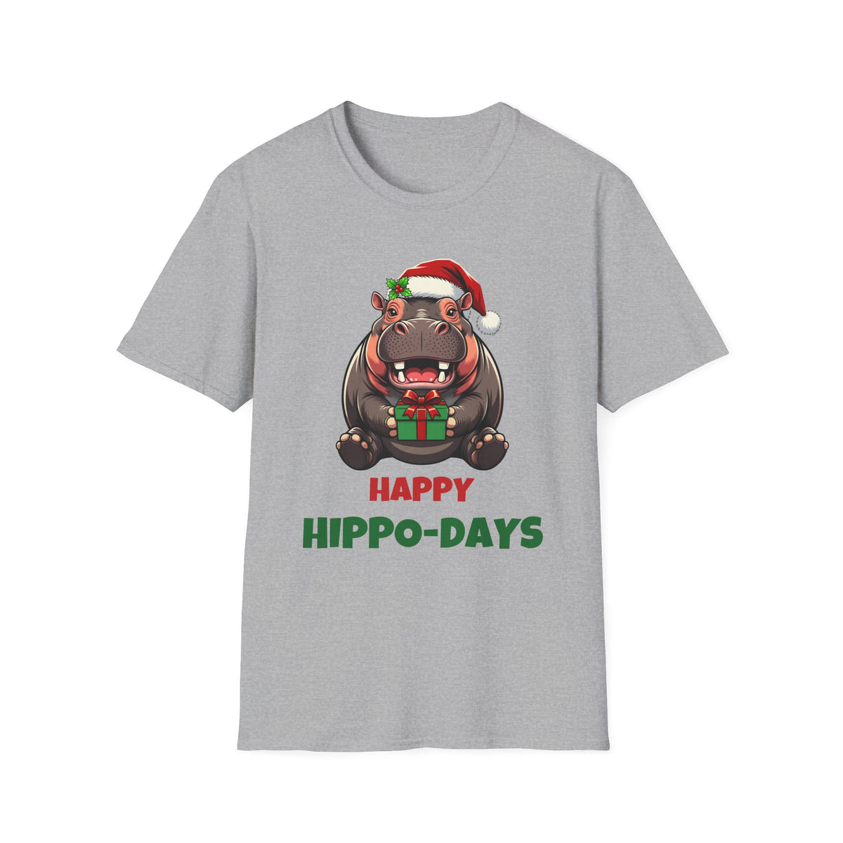 Happy Hippo-Days Christmas t-shirt in Sport Gray, front view