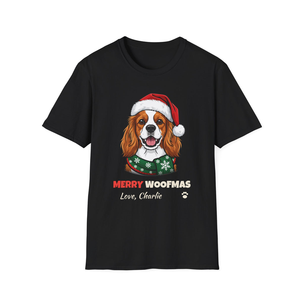 Merry Woofmas Cavalier King Charles Spaniel Christmas t-shirt in Black, front view