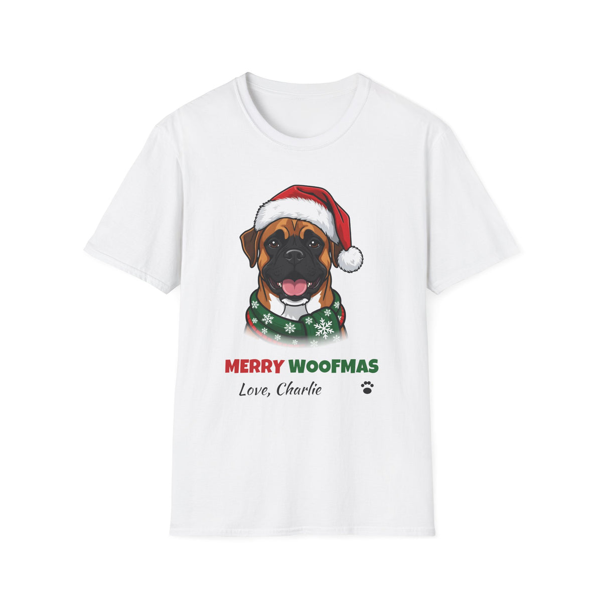 Merry Woofmas Boxer Christmas t-shirt in White, front view