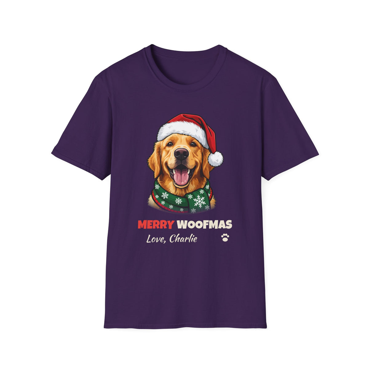 Merry Woofmas Golden Retriever Christmas t-shirt in Purple, front view