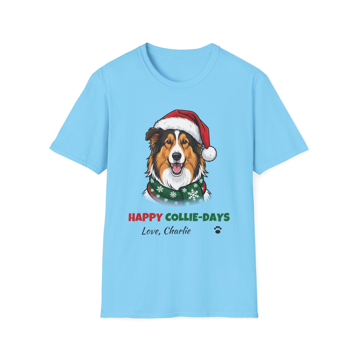 Happy Collie-Days Rough Collie Christmas t-shirt in Sky, front view