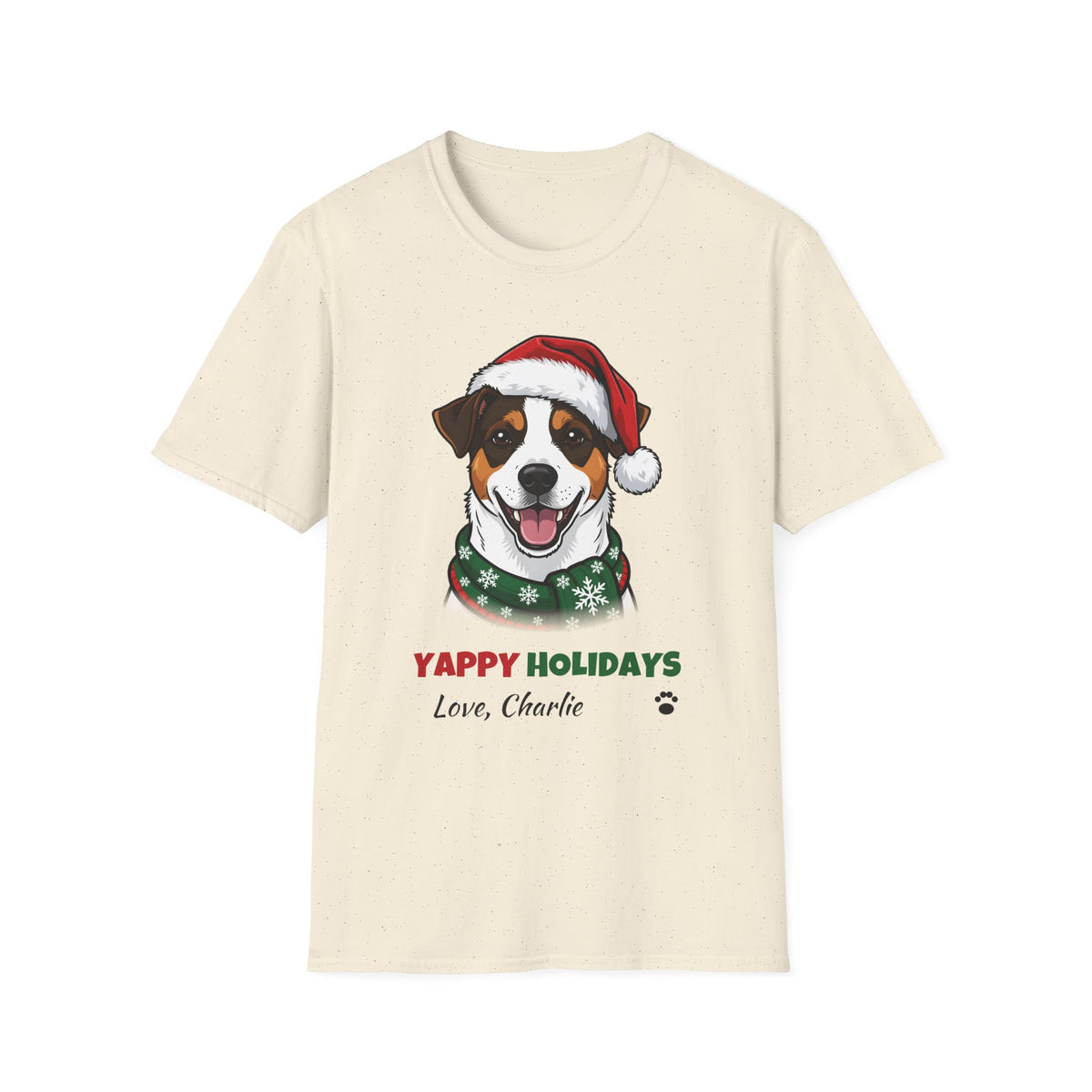 Yappy Holidays Jack Russell Terrier Christmas t-shirt in Natural, front view