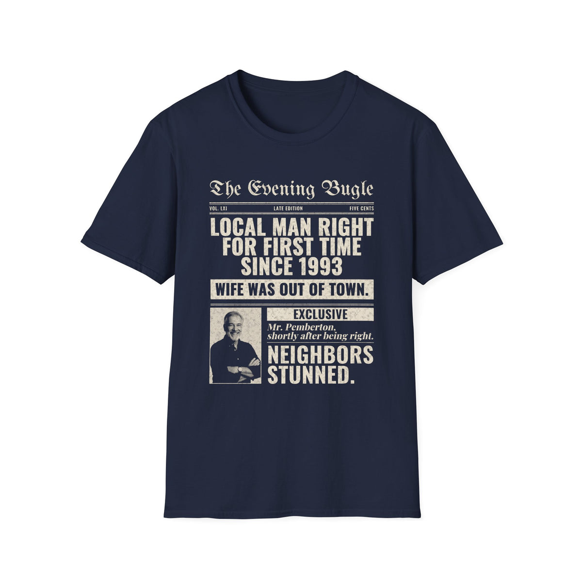 Evening Bugle Dad Joke t-shirt in Navy, front view
