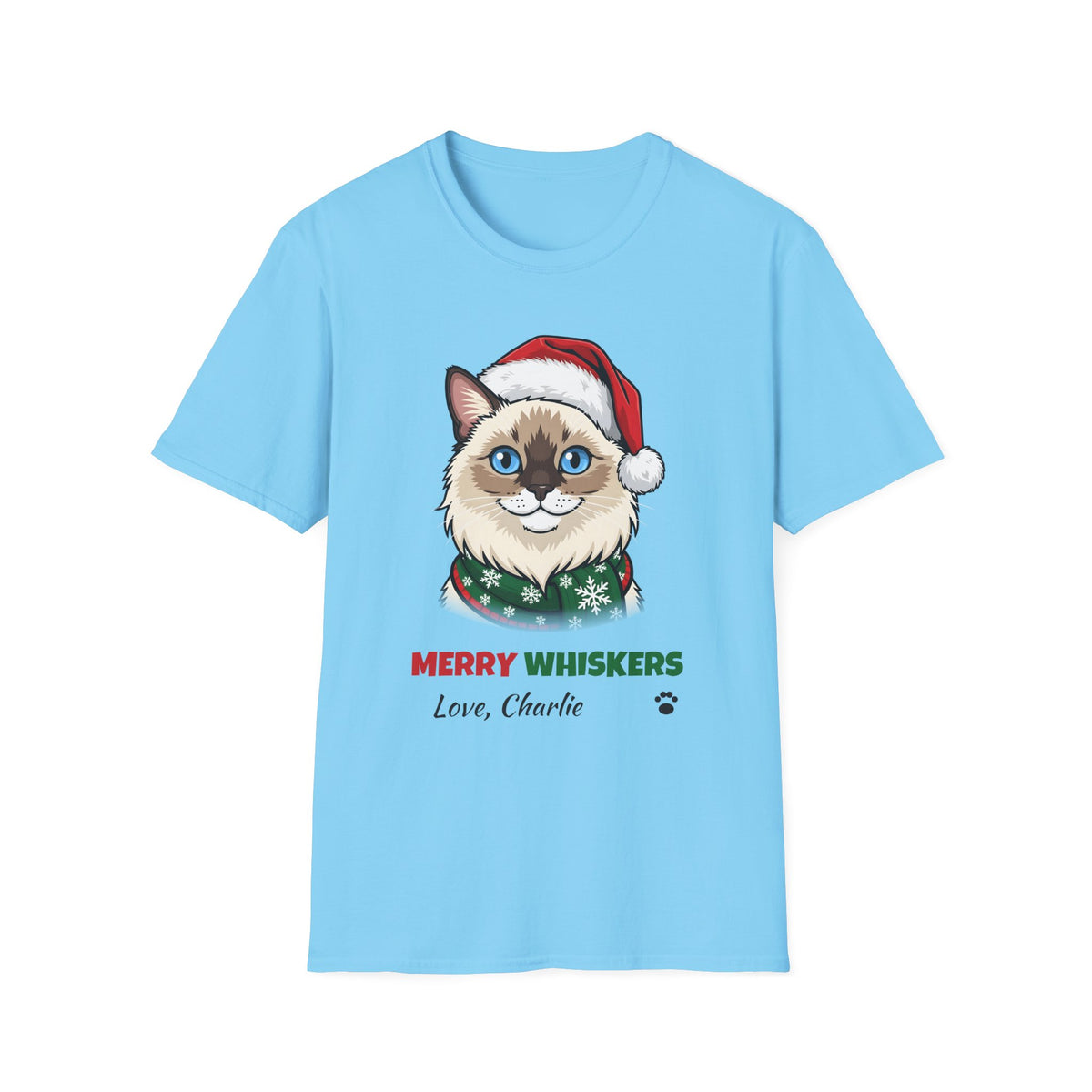 Merry Whiskers Ragdoll Cat Christmas t-shirt in Sky, front view