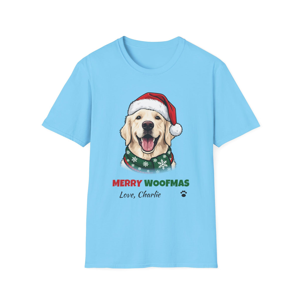 Merry Woofmas English Cream Golden Retriever Christmas t-shirt in Sky, front view