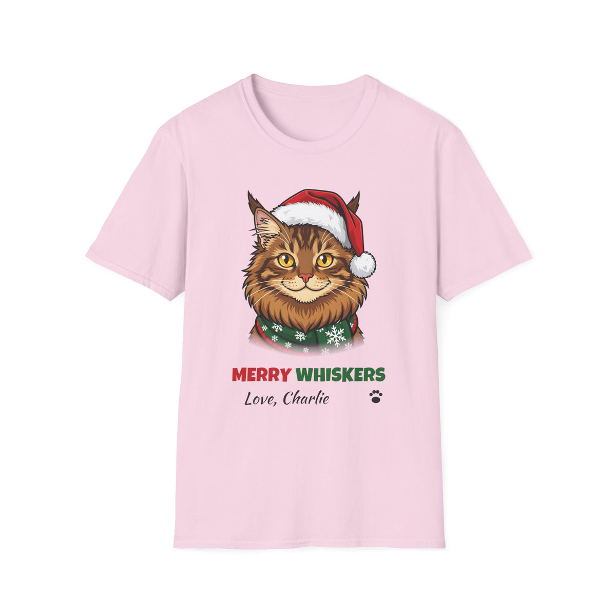 Merry Whiskers Maine Coon Cat Christmas t-shirt in Light Pink, front view