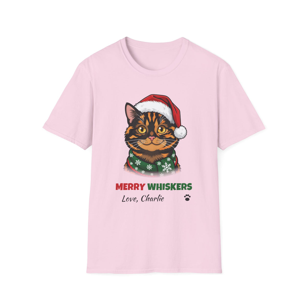 Merry Whiskers Tortoiseshell Cat Christmas t-shirt in Light Pink, front view