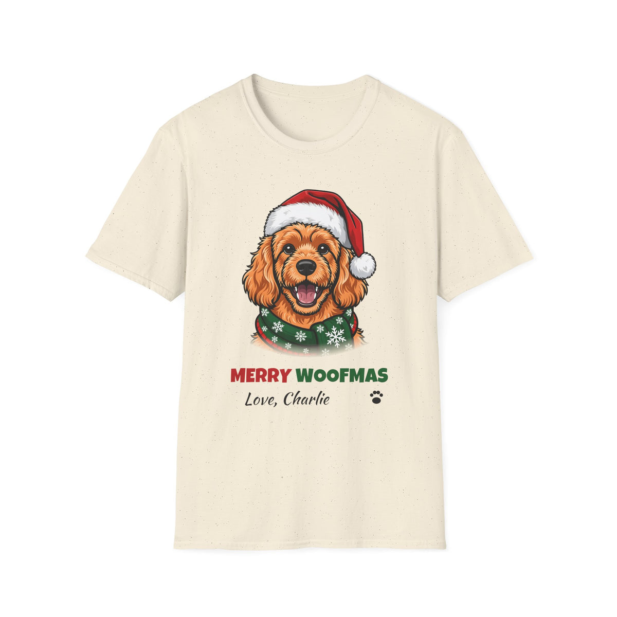 Merry Woofmas Apricot Cavapoo Christmas t-shirt in Natural, front view