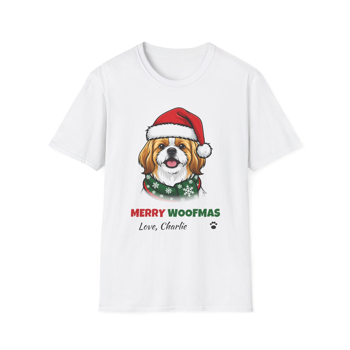Merry Woofmas Shih Tzu Christmas t-shirt in White, front view