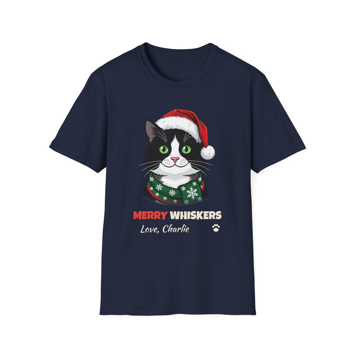 Merry Whiskers Tuxedo Cat Christmas t-shirt in Navy, front view