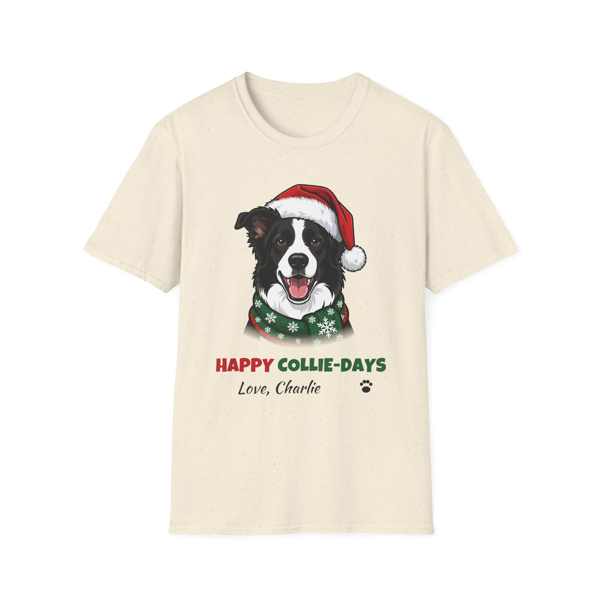 Happy Collie-Days Border Collie Christmas t-shirt in Natural, front view
