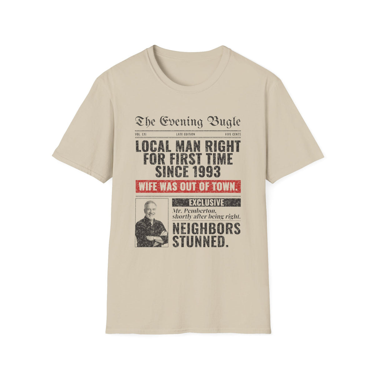 Evening Bugle Dad Joke t-shirt in Sand, front view