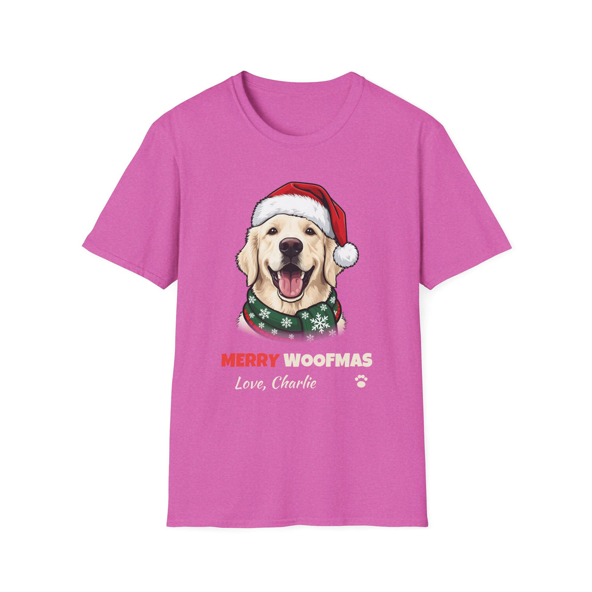 Merry Woofmas English Cream Golden Retriever Christmas t-shirt in Heather Berry, front view