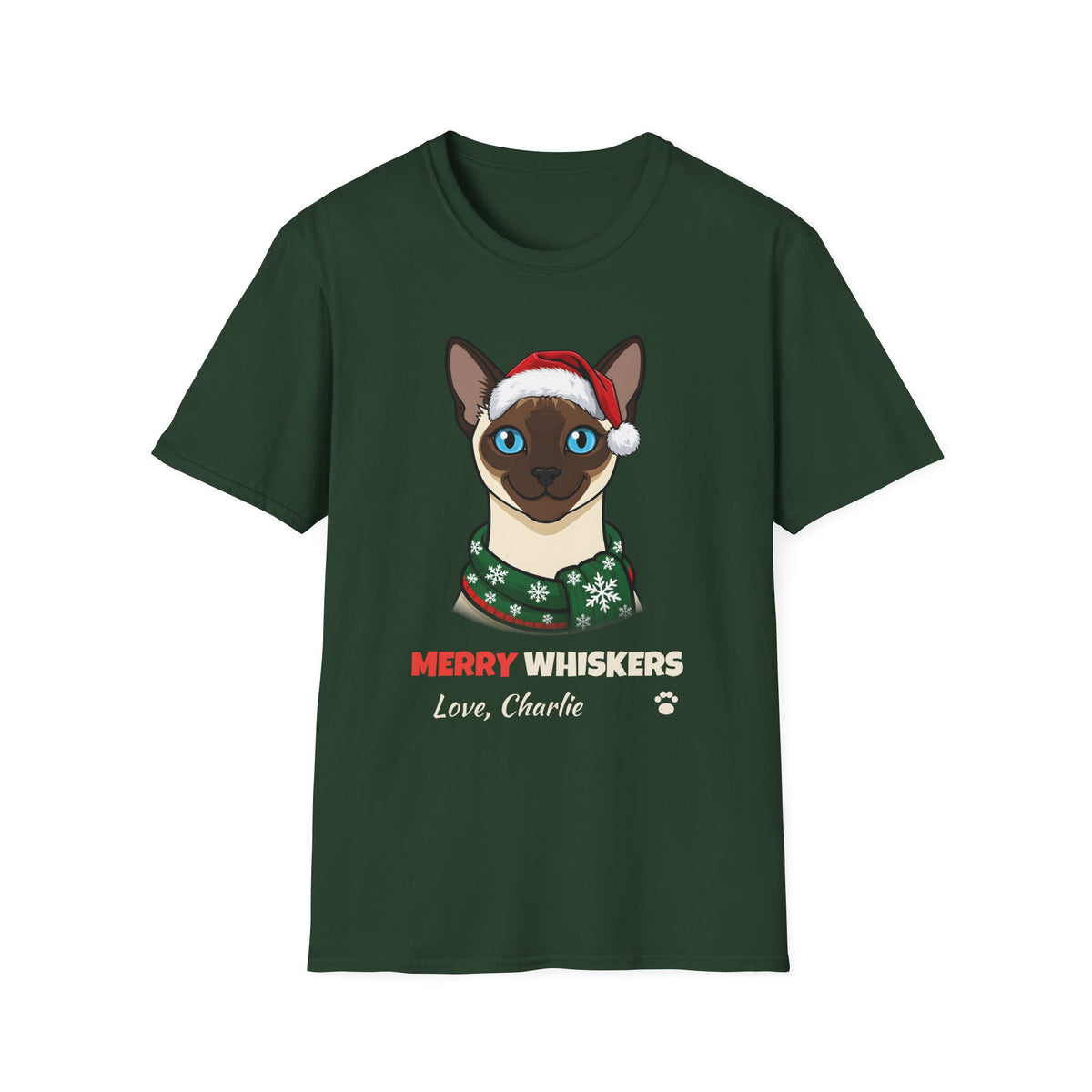 Merry Whiskers Siamese Cat Christmas t-shirt in Forest Green, front view