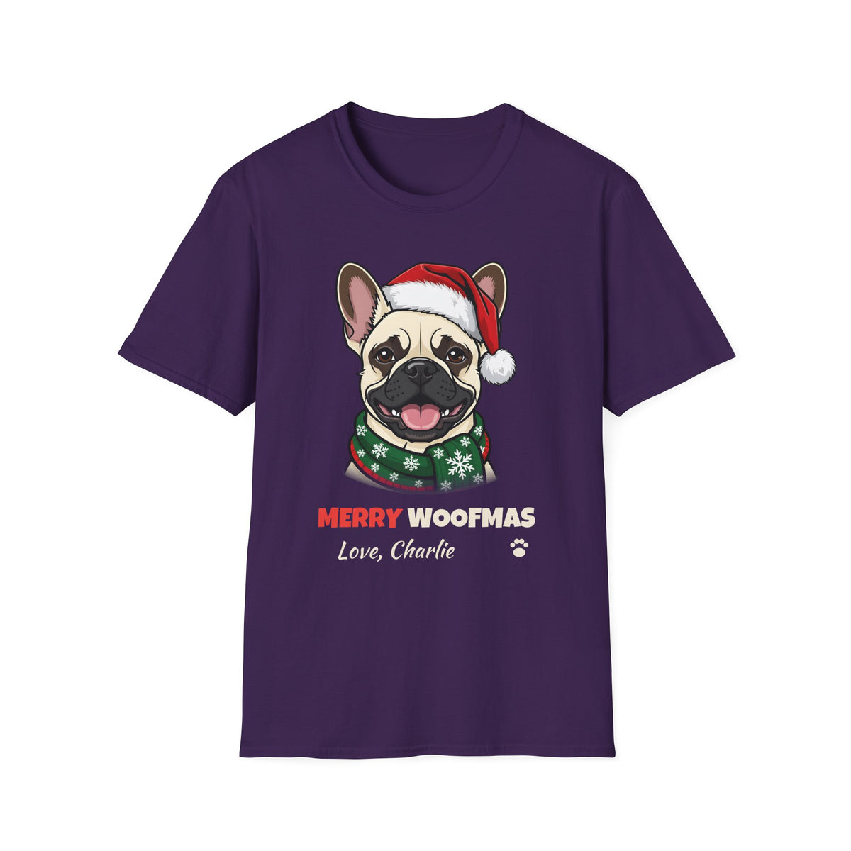 Merry Woofmas Cream French Bulldog Christmas t-shirt in Purple, front view