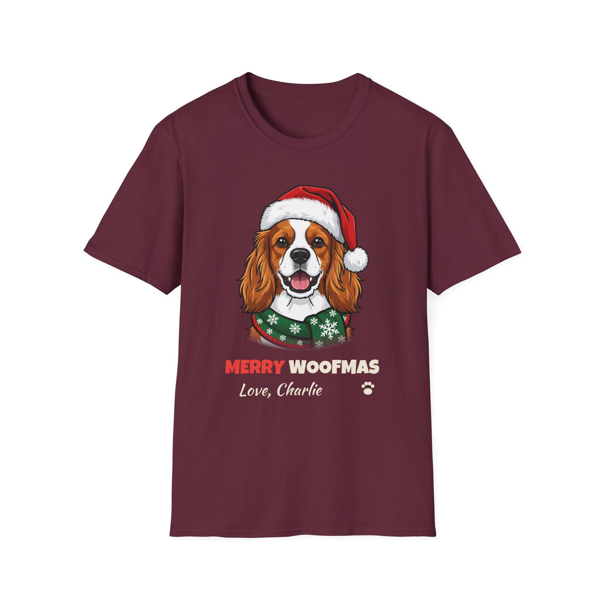 Merry Woofmas Cavalier King Charles Spaniel Christmas t-shirt in Maroon, front view
