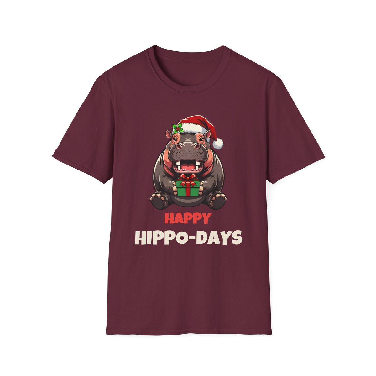Happy Hippo-Days Christmas t-shirt in Maroon, front view