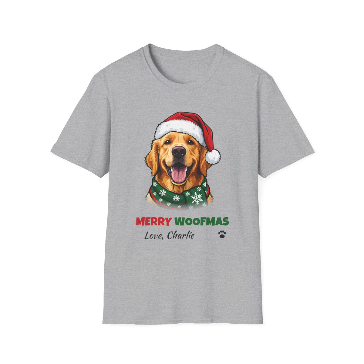 Merry Woofmas Golden Retriever Christmas t-shirt in Sport Gray, front view