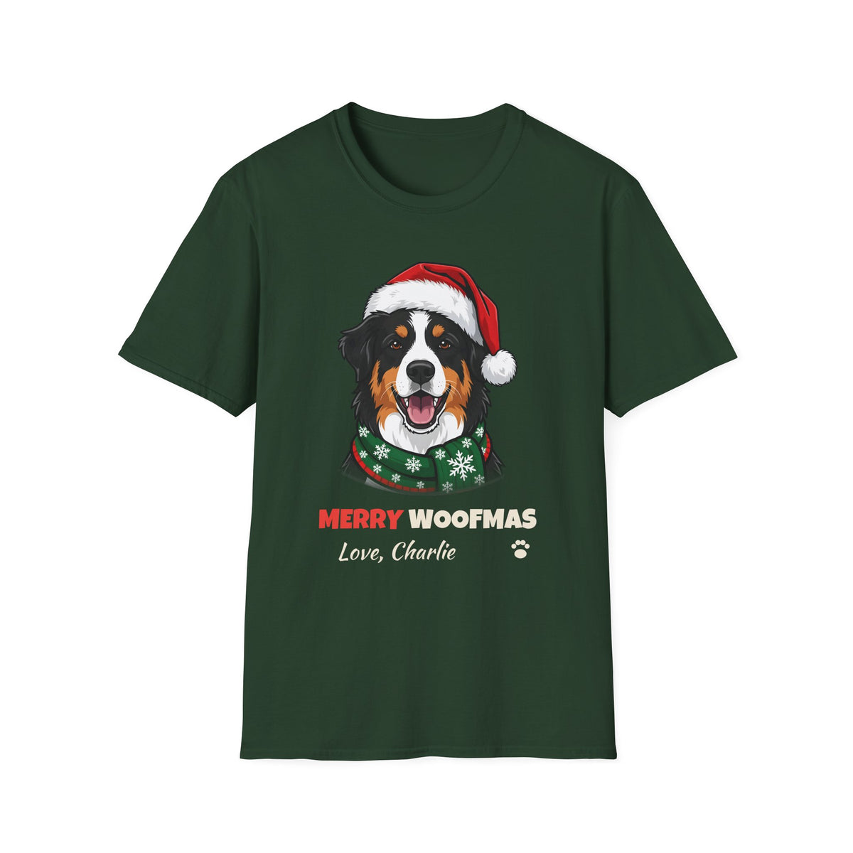 Merry Woofmas Australian Shepherd Christmas t-shirt in Forest Green, front view