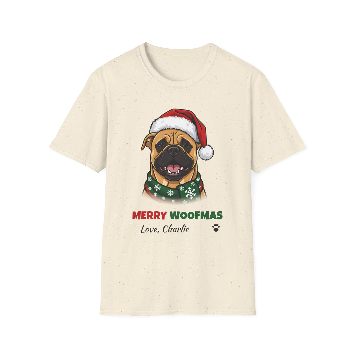 Merry Woofmas Bullmastiff Christmas t-shirt in Natural, front view